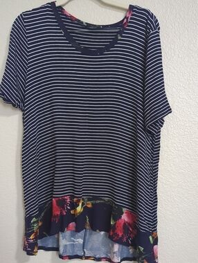 Jodifil Navy Striped Floral-Hem Short Sleeve Top